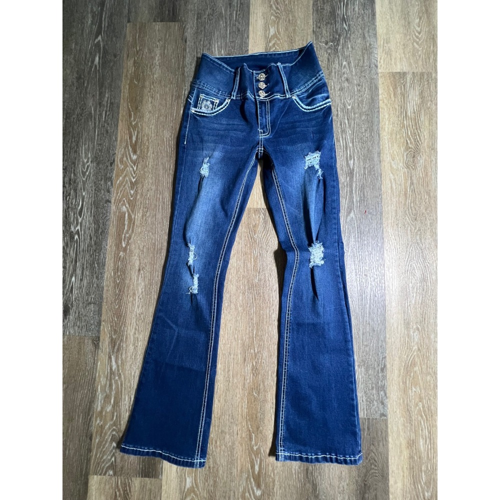 Silver Diva Flared Jeans Womens Size 7 Blue Distressed Rhinestone Y2K High Rise